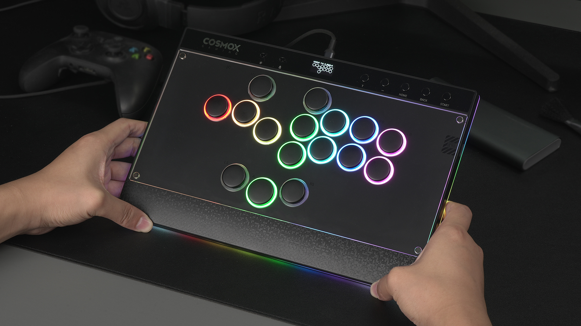A photo of the Haute42 C16, a 16-button leverless videogame controller