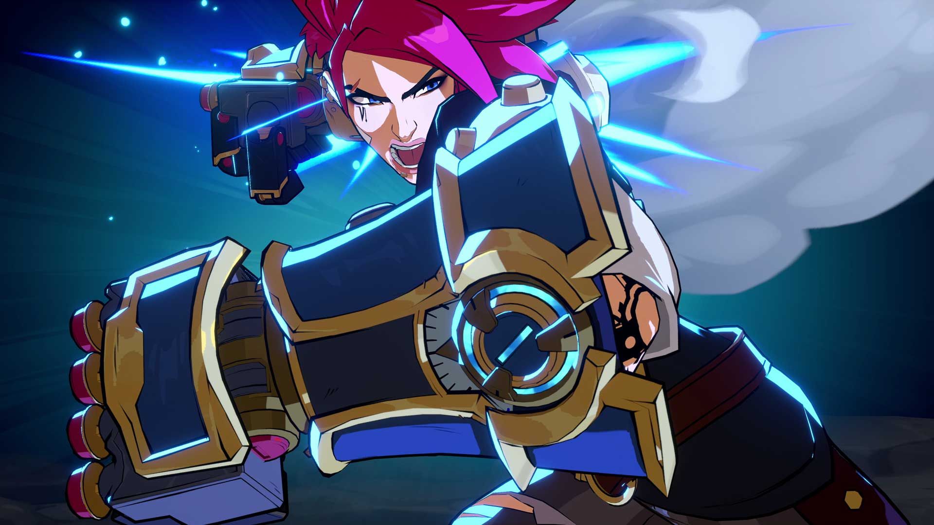 An illustration of Vi from 2XKO charging an electric punch