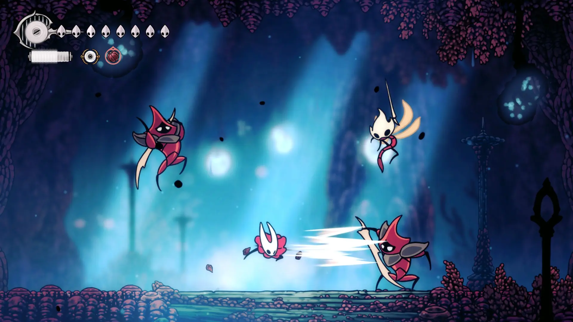 A screenshot Hollow Knight: Silksong featuring Hornet in the middle of a fight against multiple enemies